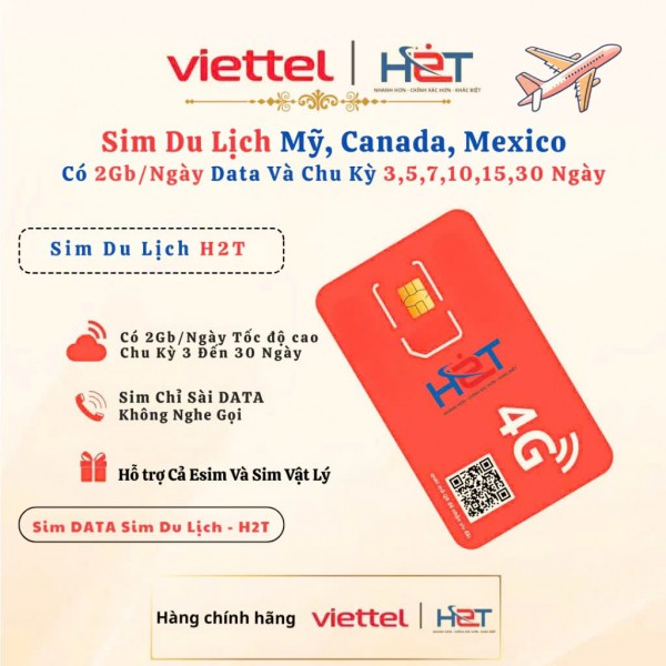 Sim Data Du Lịch Mỹ Canada Mexico 2GB/Ngày | 4G LTE | H2T